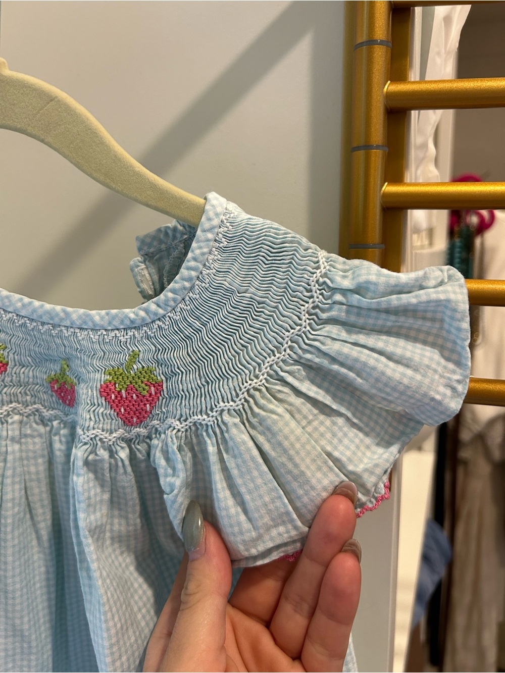 Petit Bebe Smocked Bishop Dress - Light Blue & White Gingham with Strawberries - Picture 5 of 9